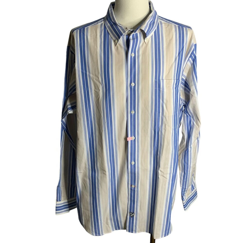 Cremieux Button Down Long Sleeve Shirt XXL Blue Tan Striped Pocket Cotton Collar